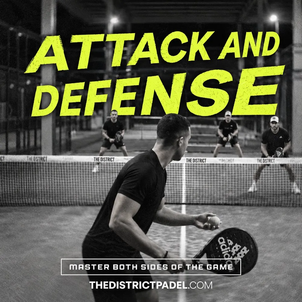 Attack and Defense padel clinic at The District, players facing off across the net under the lights