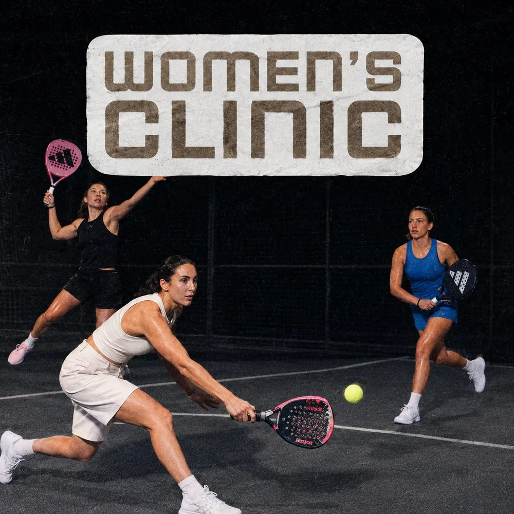 Women's beginners padel clinic at The District with players rallying on court
